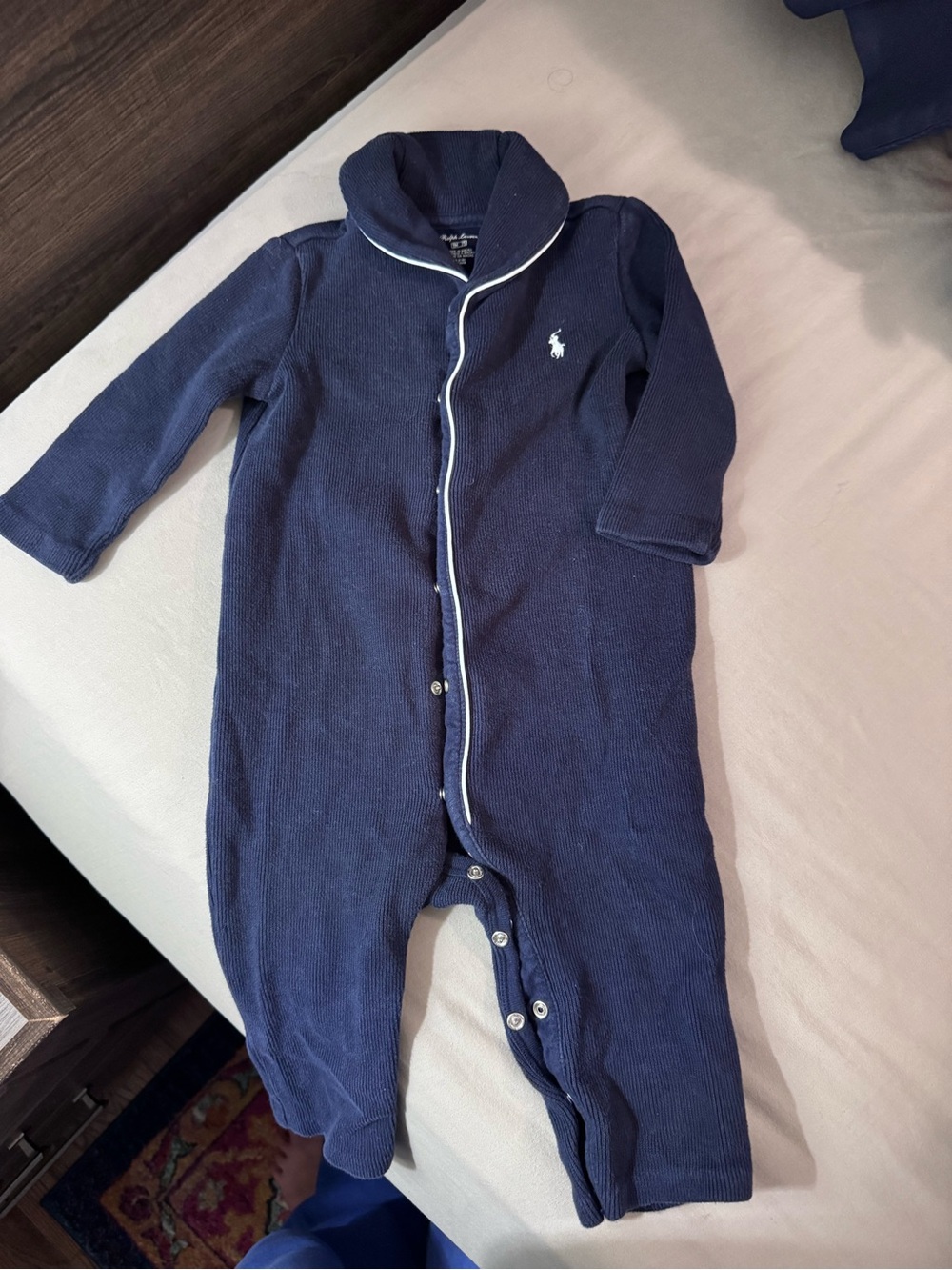 Ralph Lauren Navy One-Piece Footed Romper with White Trim